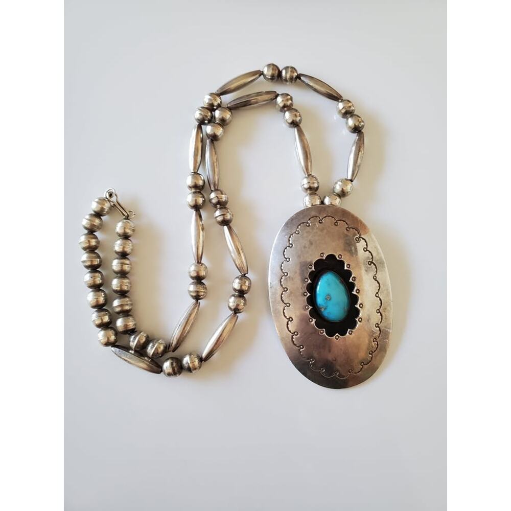 Vintage Navajo Sterling Shadowbox Turquoise Bead Necklace